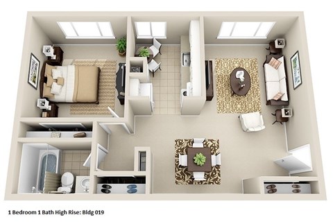 Floor plan for 1 bed, 1 bath, 840 sqft